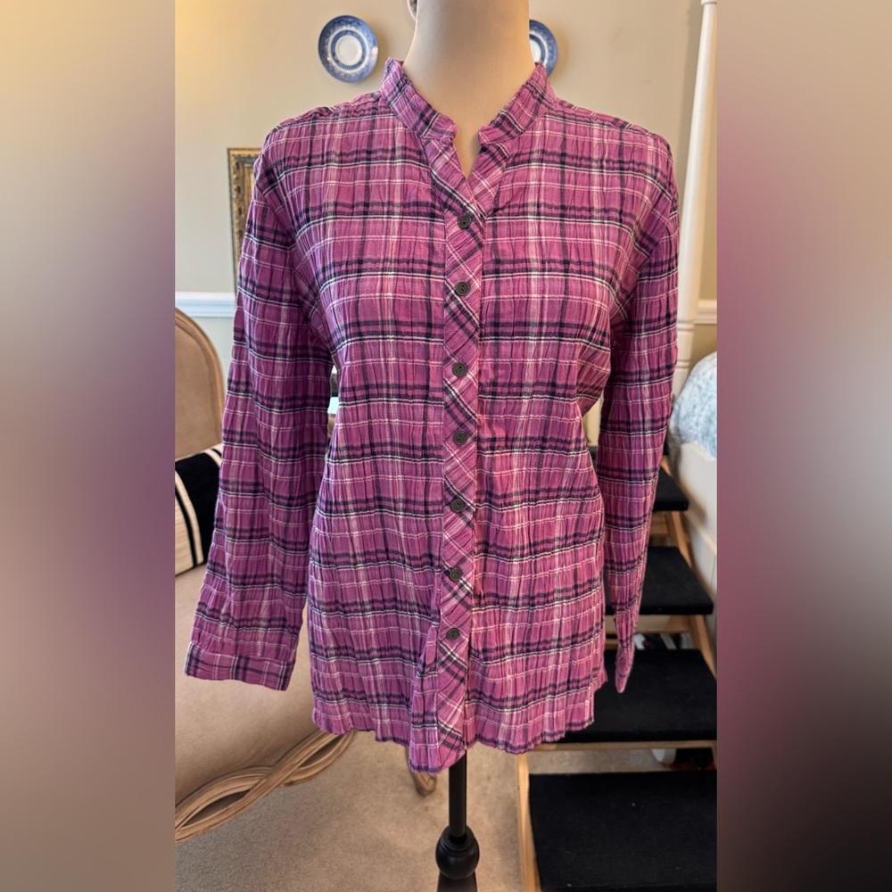 Allison Daley Purple Plaid Ruched Shirt, NWTS, petite medium size